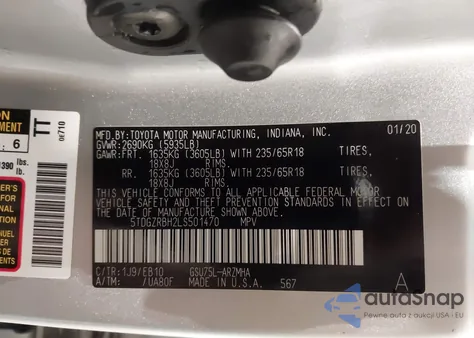 2020 Toyota Highlander Xle из США, поврежденный, VIN 5TDGZRBH2LS501470